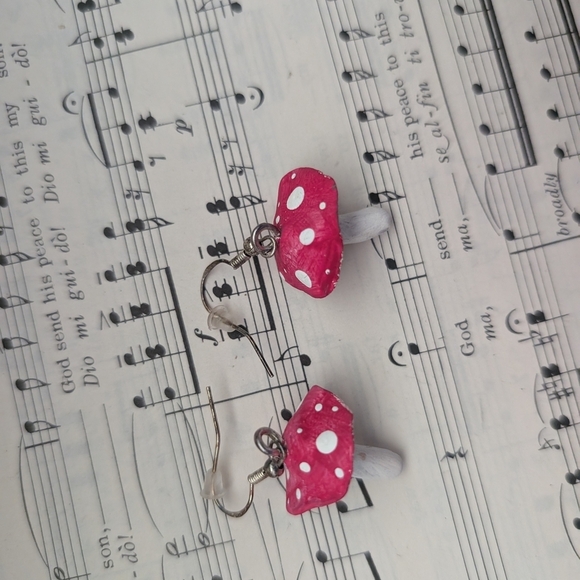 Pink and White Mushroom Earrings - Picture 3 of 13